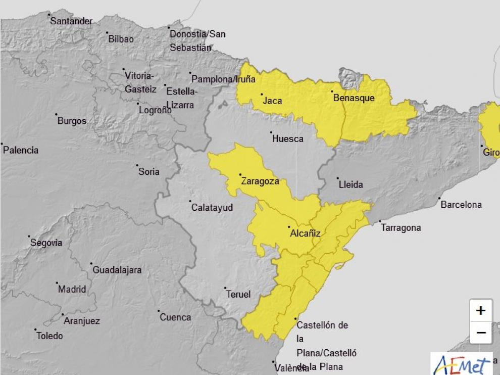 Mapa de prealerta amarilla por viento en Aragón.