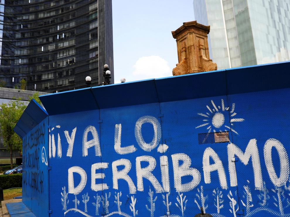 An empty pedestal where a statue of Italian explorer Cristobal Colon, also known as Christopher Columbus, used to stand before it was taken off by the municipality, in Mexico City