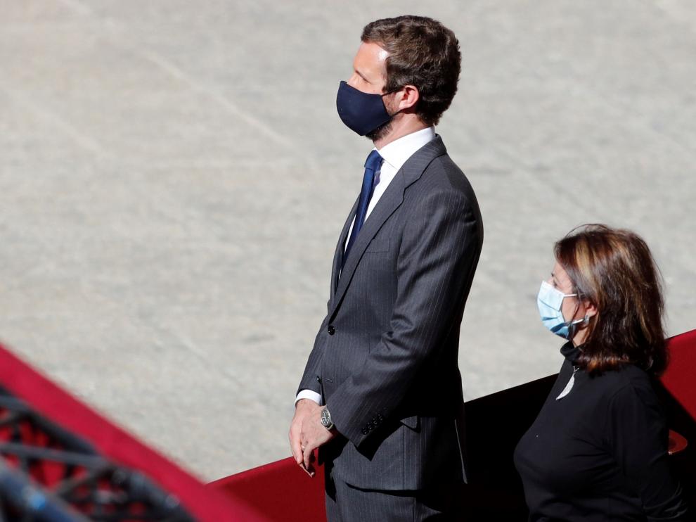 El líder del PP, Pablo Casado, este lunes en el acto conmemorativo de la Fiesta Nacional en Madrid.