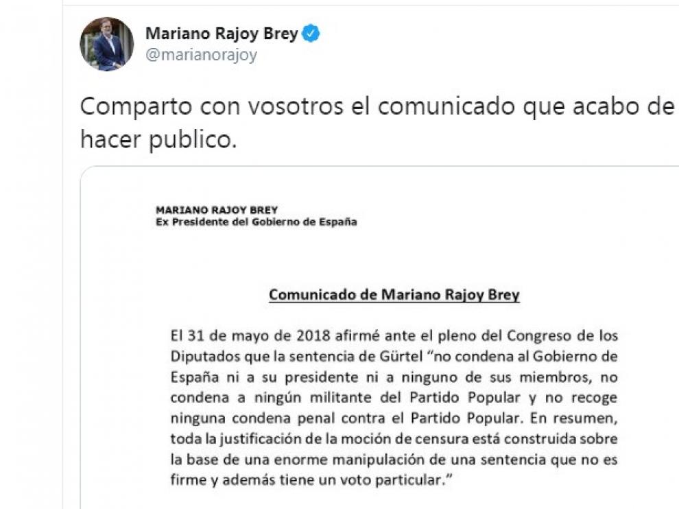 Una imagen del comunicado compartido por Rajoy en su cuenta de Twitter.