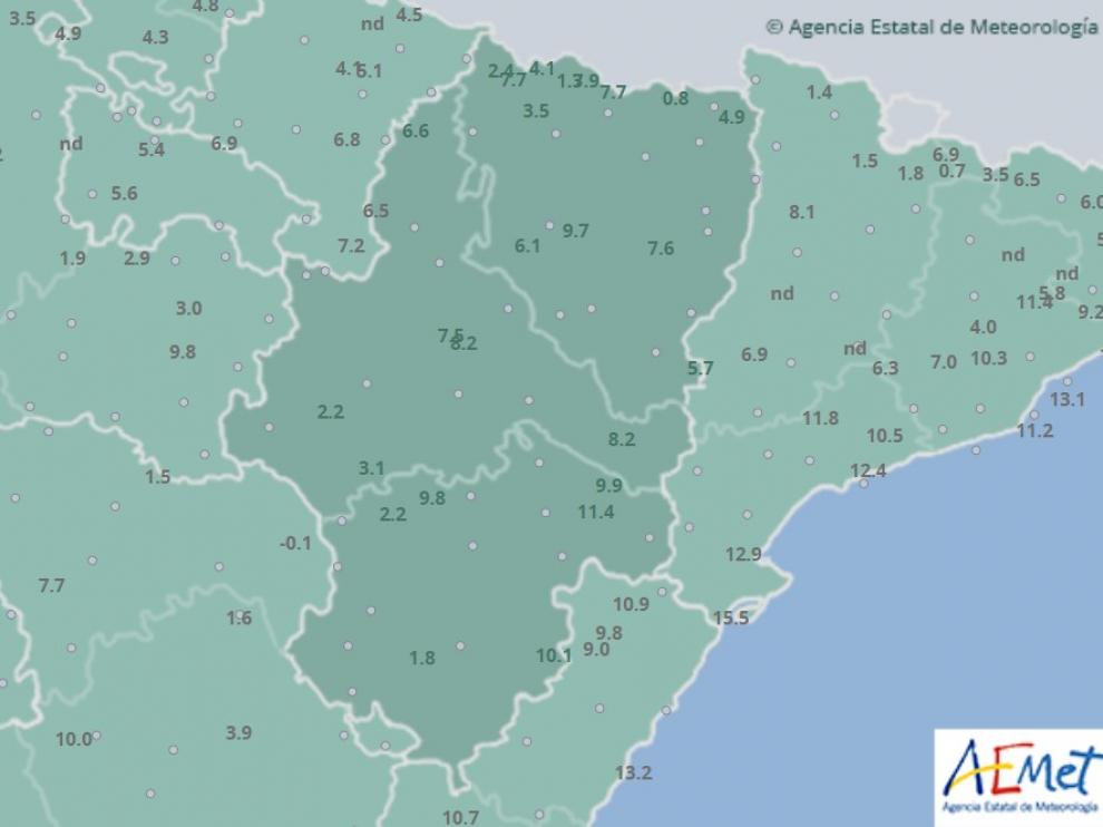 Mapa de temperaturas para este domingo, 18 de febrero.