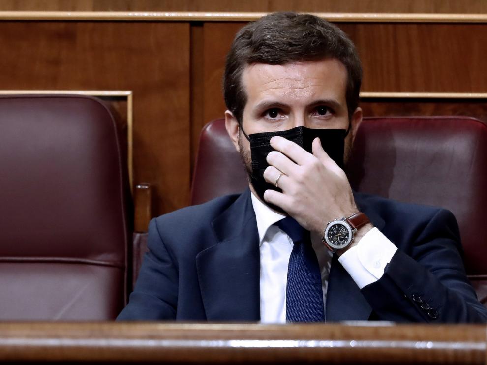 Pablo Casado, líder del PP, durante el debate de la moción de censura en el Congreso.