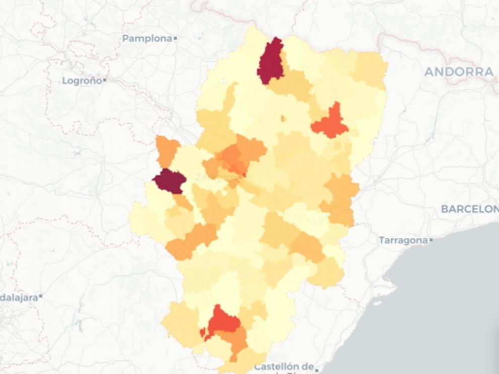 Mapa de Aragón con los casos de coronavirus de las últimas 24 horas