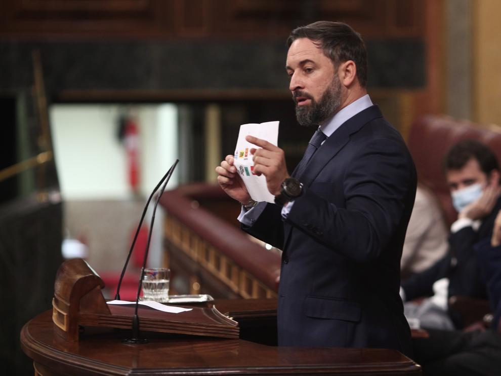 Santiago Abascal durante el debate de la moción de censura de Vox.