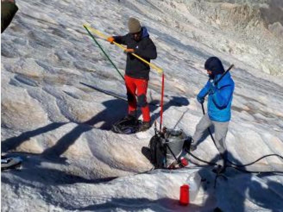 Mediciones en el glaciar de la Maladeta.