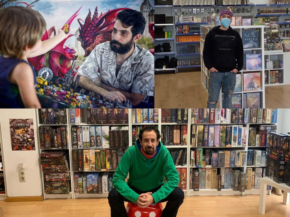 Arriba, izquierda, Adrián Gascón, de Odisea Games, y a la derecha, Javi Tena, dueño de Quinto Elemento. Abajo, Alex Yus, propietario de la tienda Doctor Ocio.
