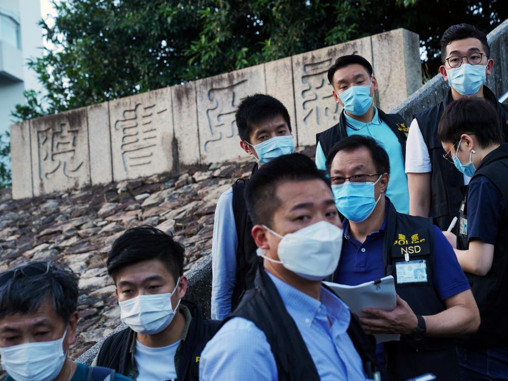 Police officers are seen at the Chinese University of Hong Kong