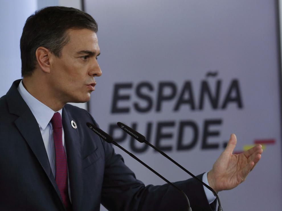 El presidente del Gobierno, Pedro Sánchez, en rueda de prensa ofrecida esta tarde en el Palacio de La Moncloa