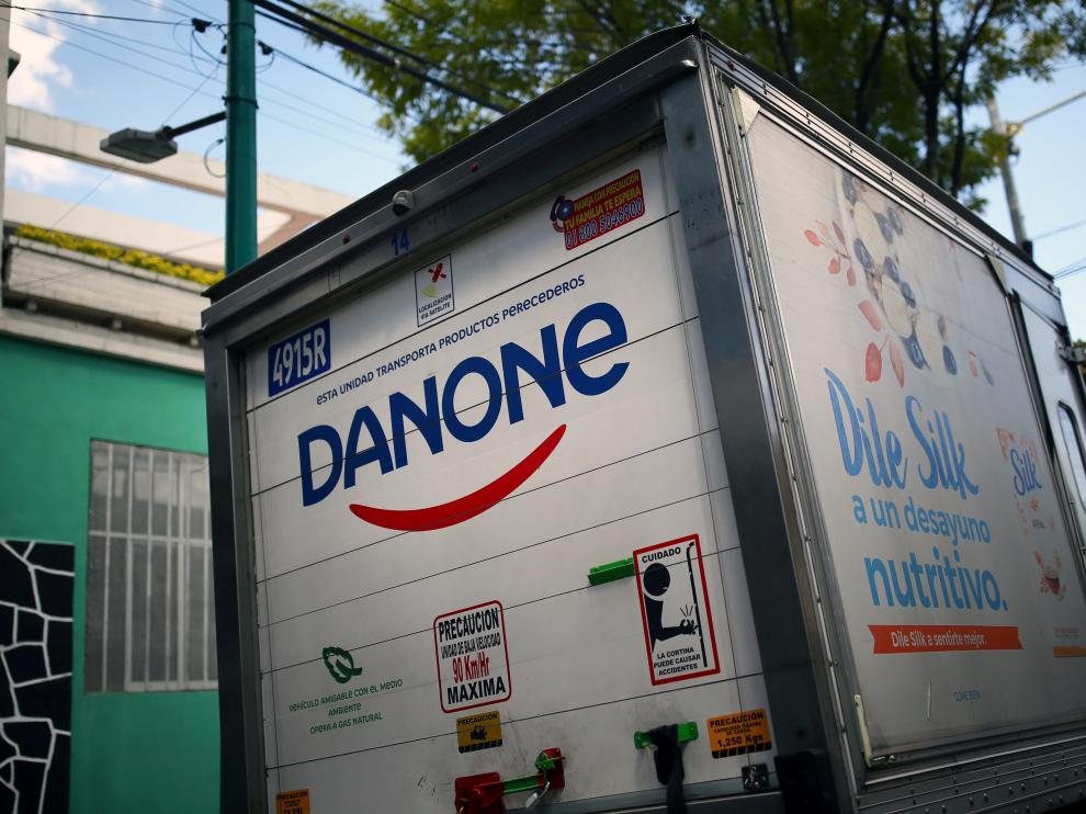 FILE PHOTO: A company logo of the French food group Danone is pictured on a truck in Mexico City