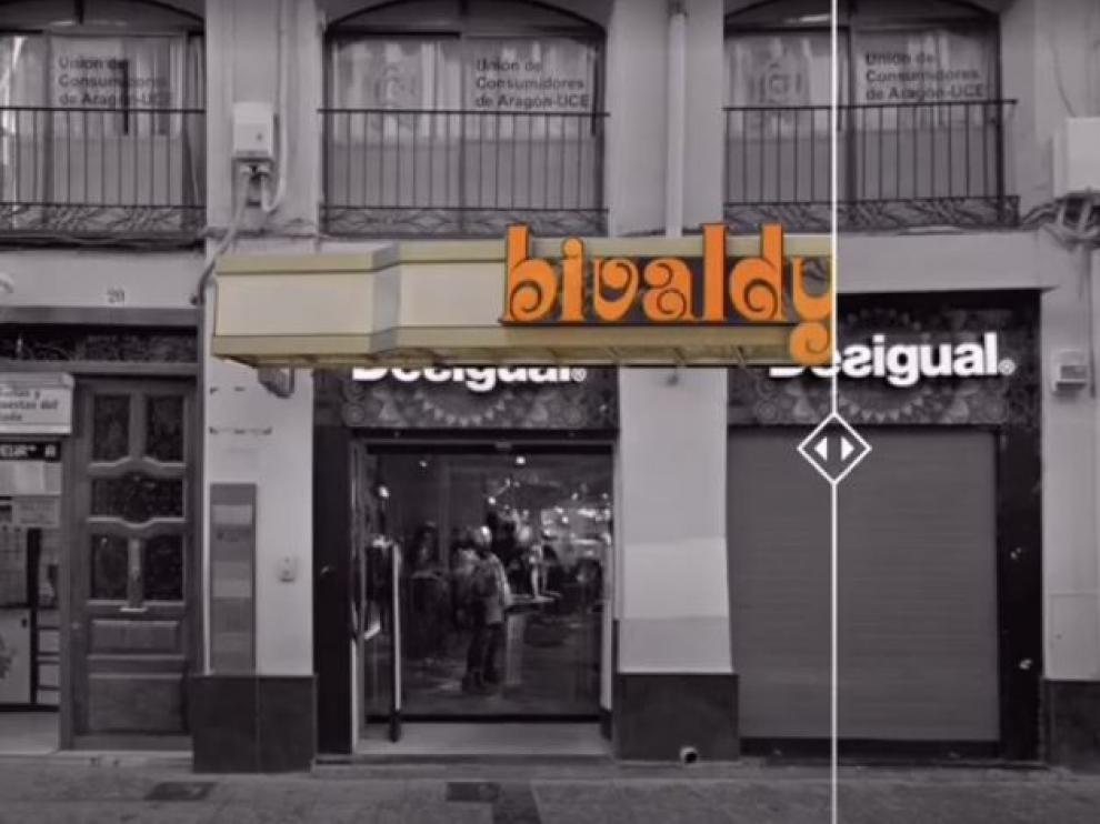 Un fotograma del 'antes y después' de la tienda Bivaldy de la calle de Alfonso de Zaragoza.