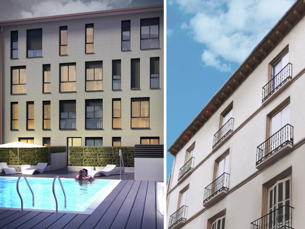De izquierda a derecha, piscina en la zona común y fachada histórica del bloque de viviendas de la promoción. adoso gestión
