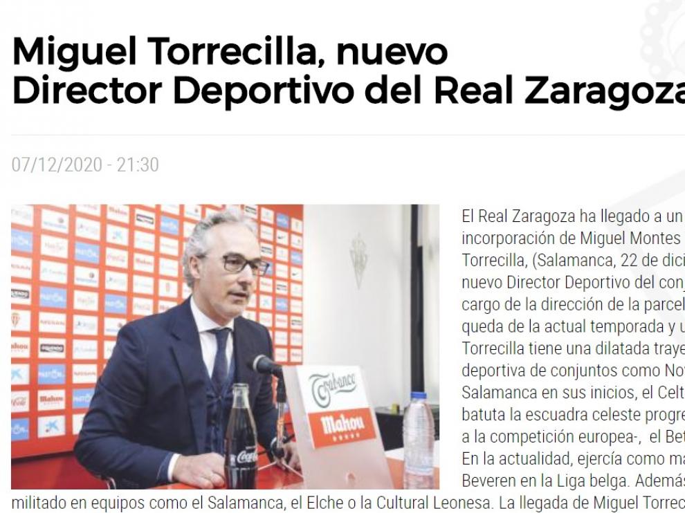 Comunicado oficial del Real Zaragoza con el nombramiento de Miguel Torrecilla.