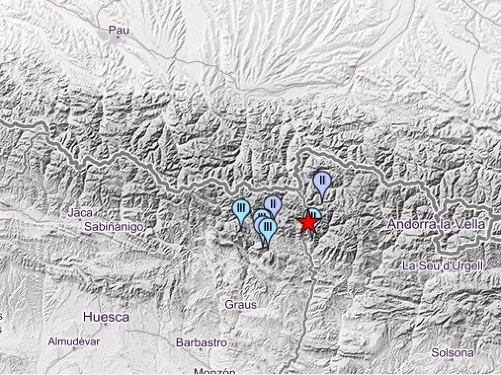 Mapa del Instituto Geográfico Nacional en el que se localiza el terremoto y las localidades en las que se ha sentido