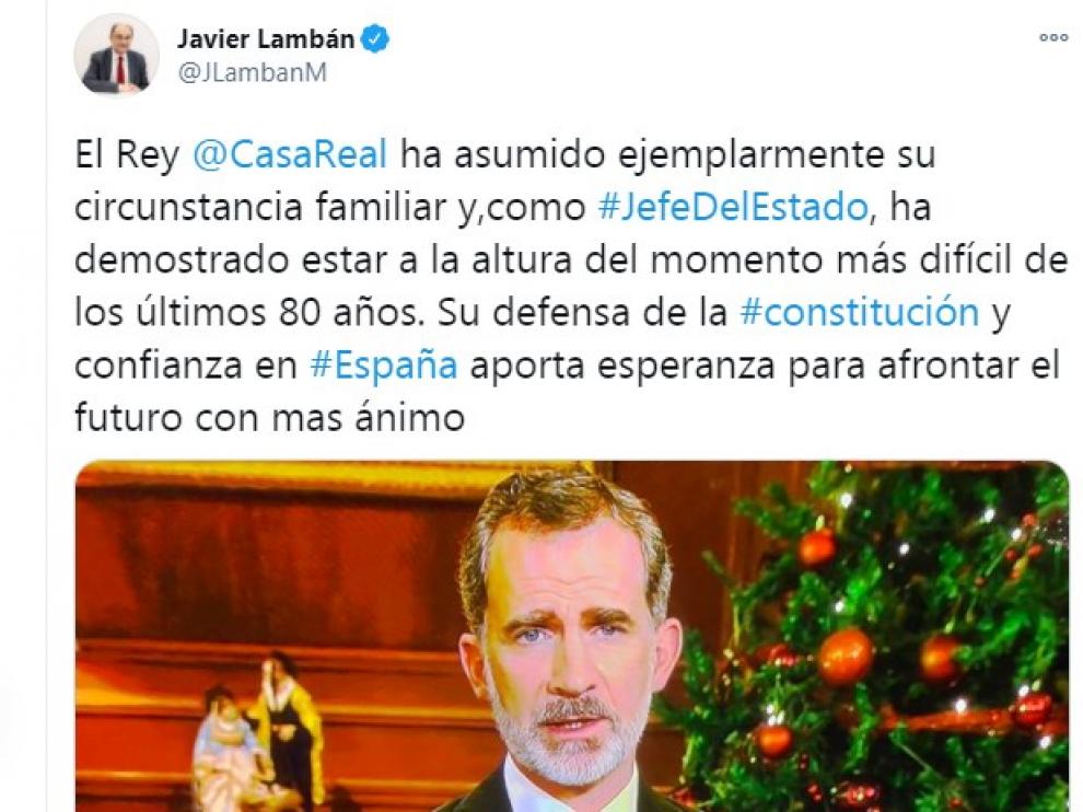 Tuit de Lambán en respuesta al mensaje del Rey.