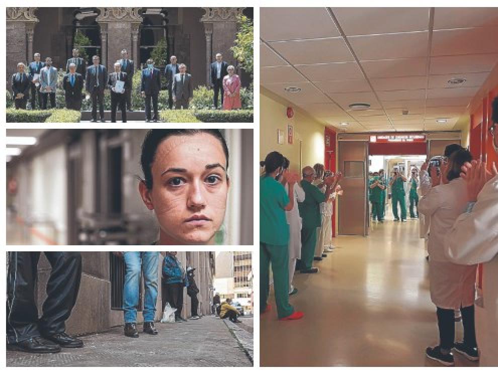 Aplausos a los sanitarios de la uci del Clínico, los firmantes de la estrategia aragonesa para la recuperación, una enfermera de la uci y filas en el comedor social.