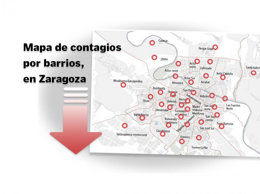 Mapa del coronavirus en los barrios de Zaragoza.