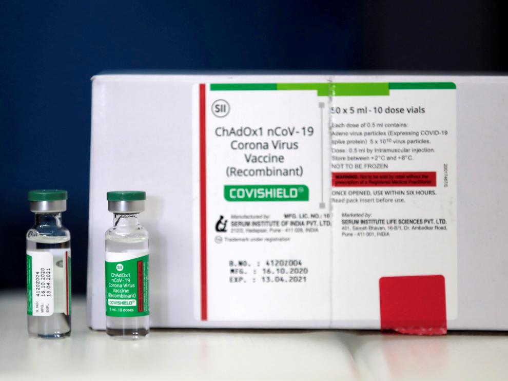 FILE PHOTO: The AstraZeneca COVID-19 vaccine manufactured by Serum Institute of India, is shown to the media in Kathmandu