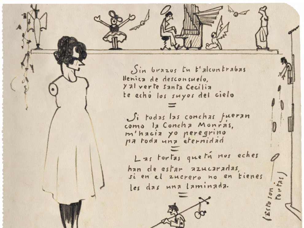 La fundación Ramón y Katia Acín conserva decenas de cartas y postales. «Tú eres antes que todo», le escribe el pensador a Conchita en 1924 desde la cárcel. Un par de años antes se refiere a ella como ‘zagala de mis quereres’ y le improvisa dibujos y divertidas coplillas.