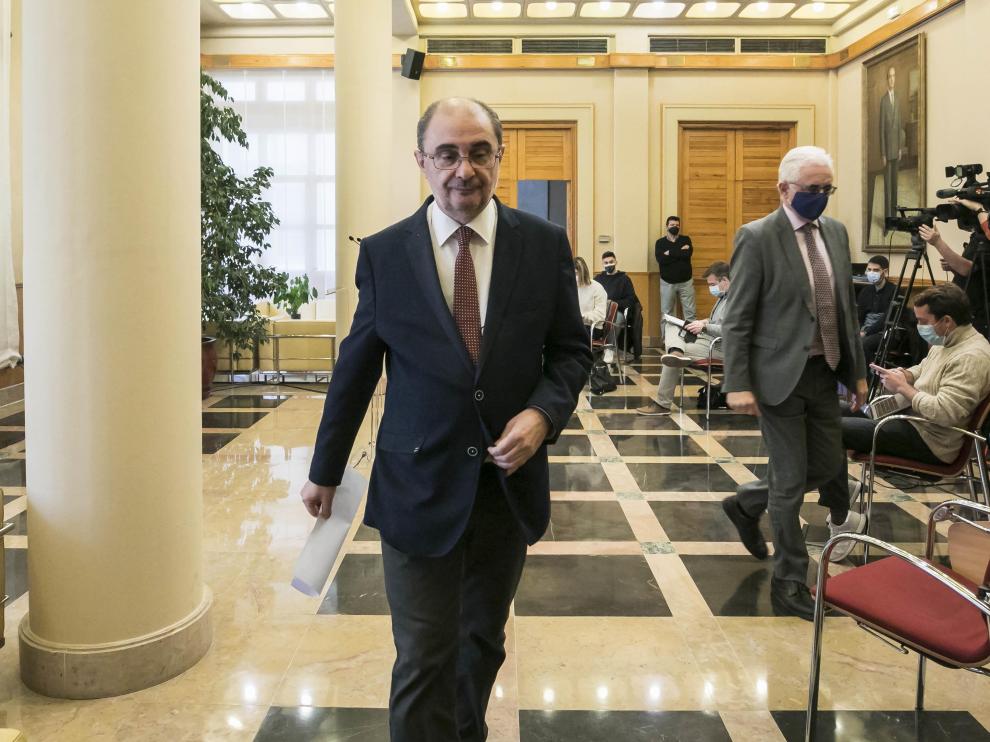El presidente Javier Lambán, ayer tras su rueda de prensa.