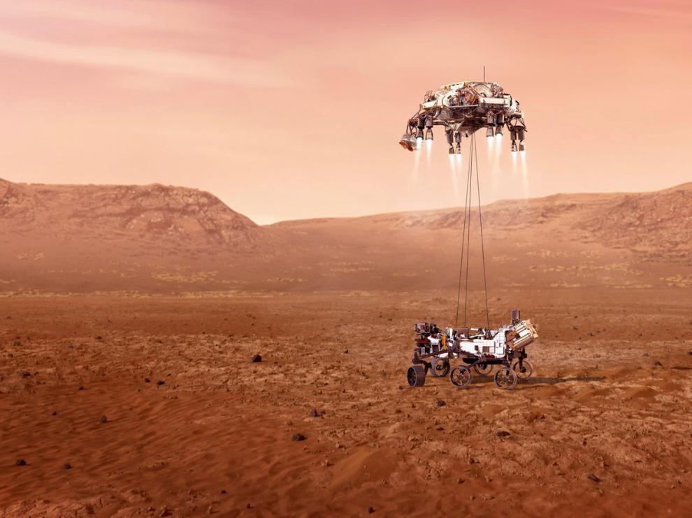 Perseverance rover is shown to be lowered to Martian surface by jet-powered sky SPACE-EXPLORATION/MARS