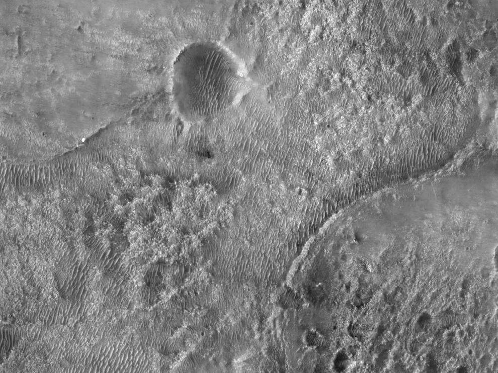 NASA’s Perseverance Mars rover is seen where it landed in Jezero Crater on Mars