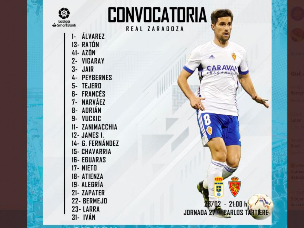 Lista de expedicionarios del Real Zaragoza para el desplazamiento a Oviedo.