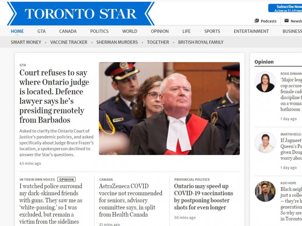 Portada del 'Toronto Star' en su versión digital.