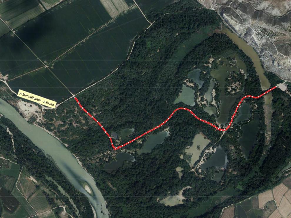 Plano del emplazamiento del camino interior del Galacho de Juslibol que se va a reparar.