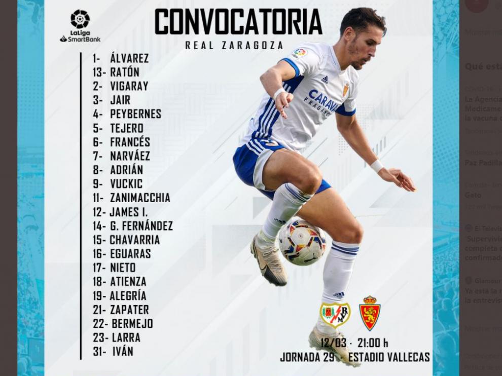 Los 22 convocados por Jim para afrontar el partido Rayo Vallecano-Real Zaragoza, en la noche de este viernes.