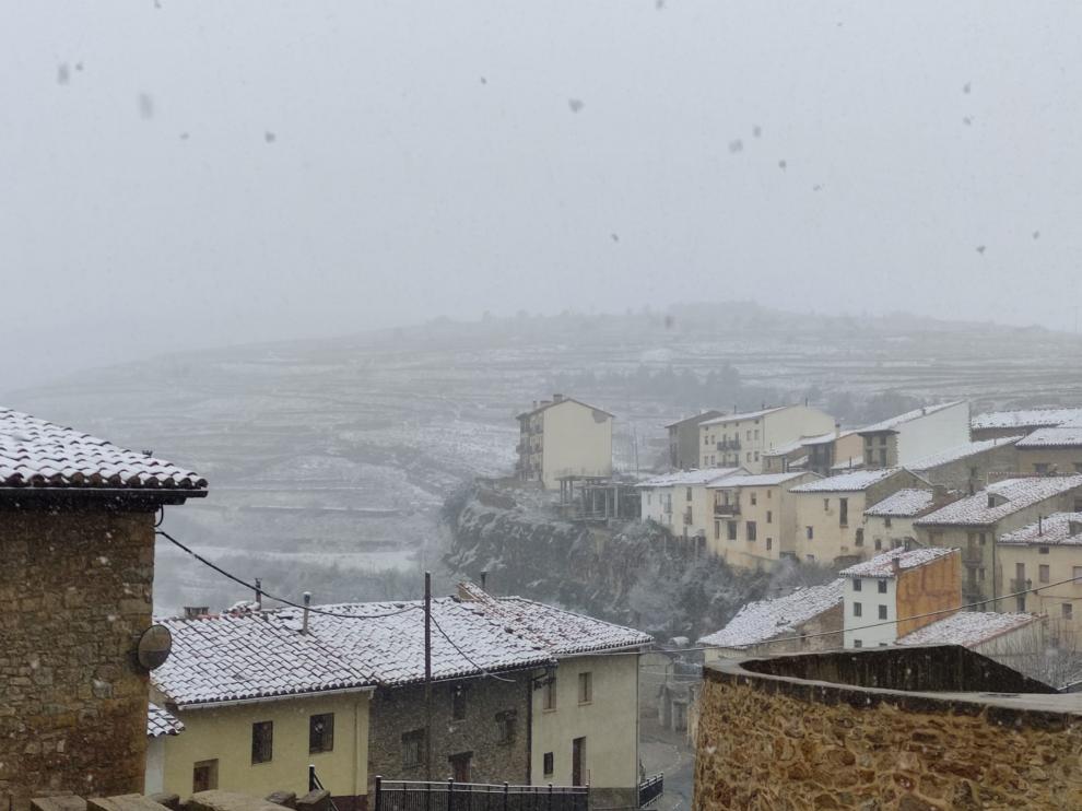 Los campos de Mosqueruela, cubiertos de una fina capa de nieve.