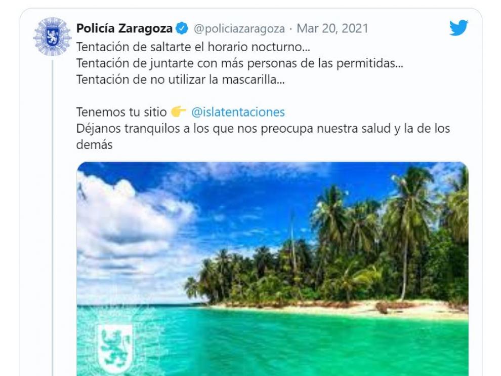 El tuit de la Policía de Zaragoza que mencionaba a 'La isla de la tentaciones'.