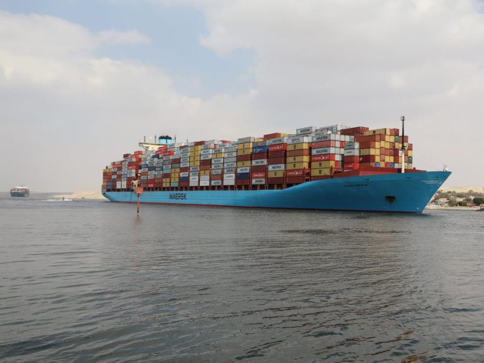 A container ship sails at the Suez Canal, in Ismailia