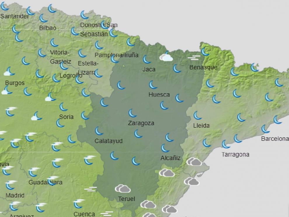 Mapa de Aragón con la previsión del tiempo del jueves 8 de abril.