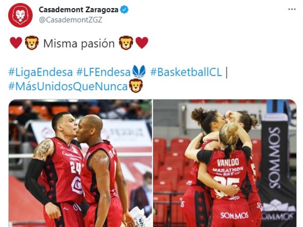 Tuit del Casademont Zaragoza en apoyo del movimiento 'Misma pasión'.