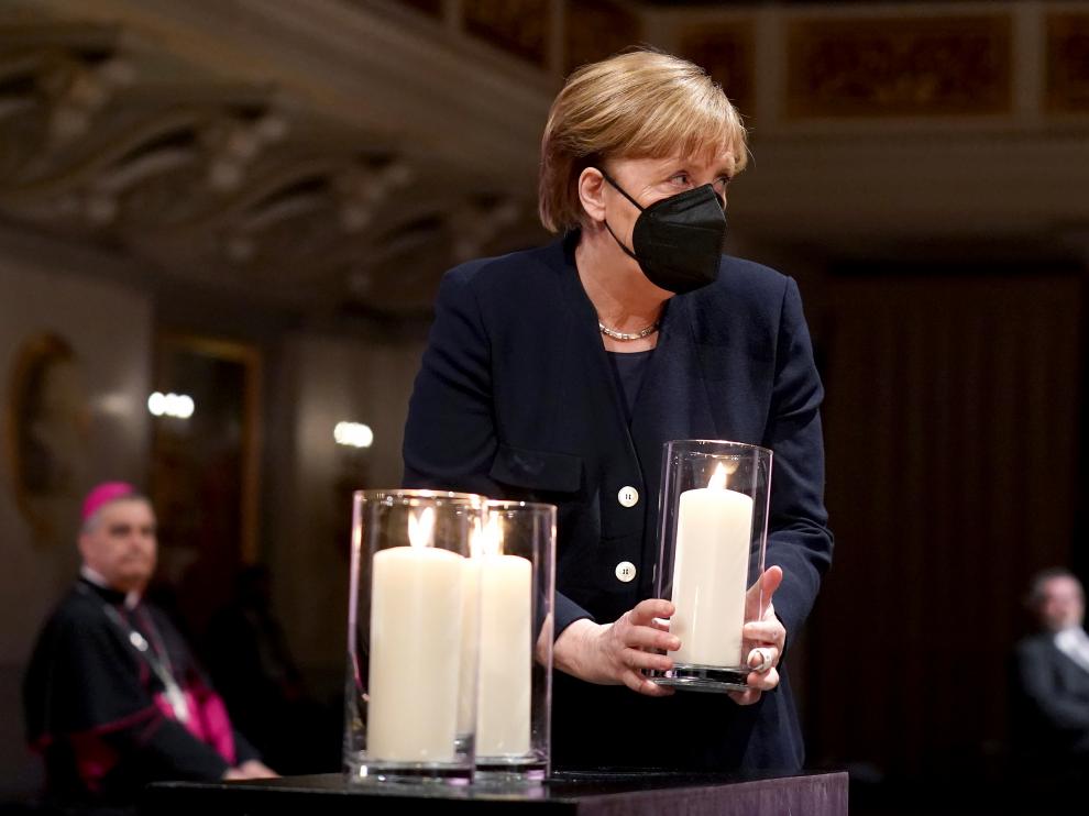 La canciller alemana, Angela Merkel, durante el acto en homenaje a las víctimas del coronavirus.