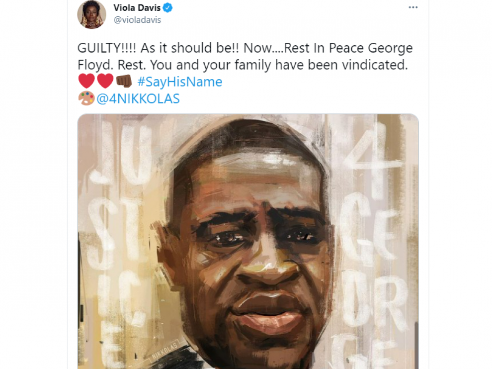 Una imagen del tuit publicado por la actriz Viola Davis, una de las personalidades que han aplaudido la condena.