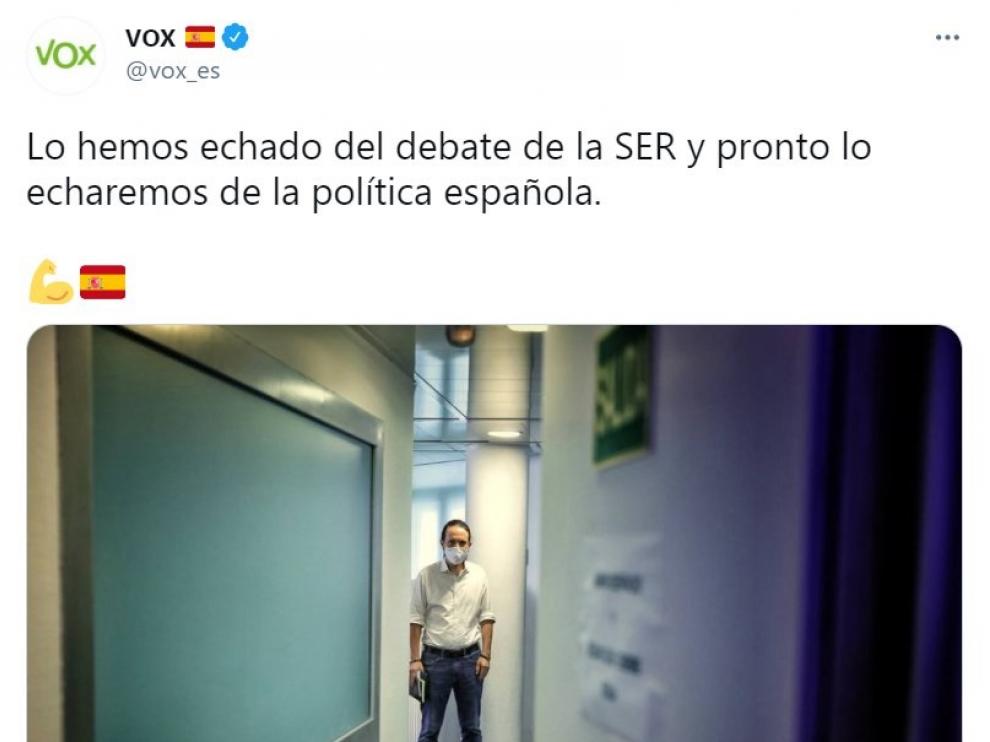 Tuit de Vox sobre su polémica con Iglesias