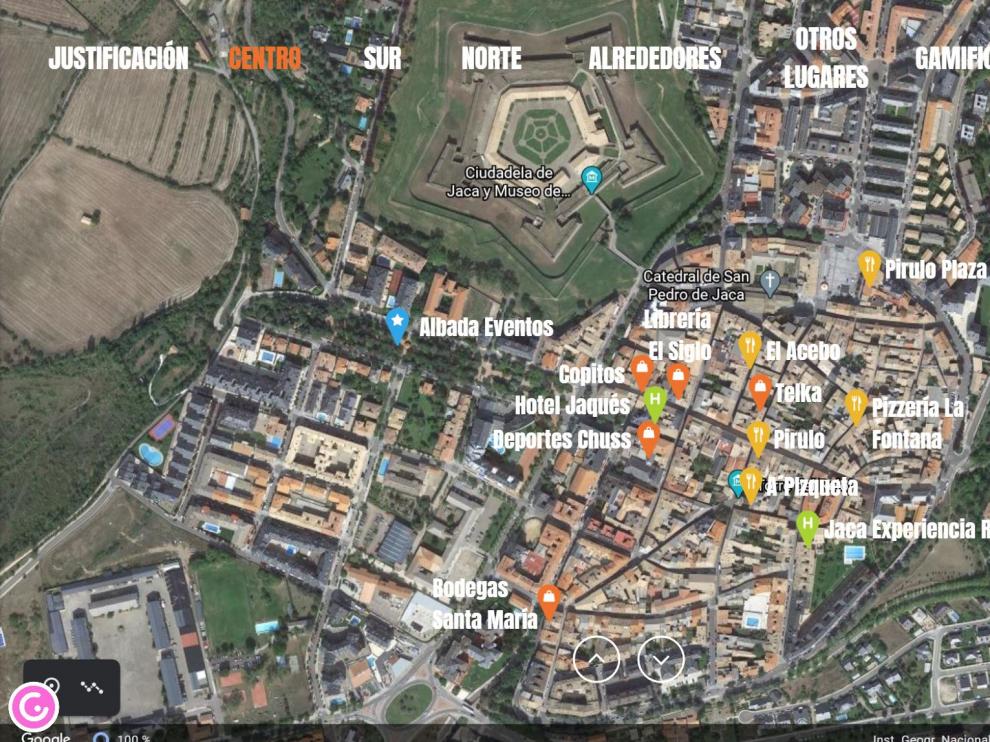 Pantalla del mapa interactivo de los establecimientos comerciales de Jaca
