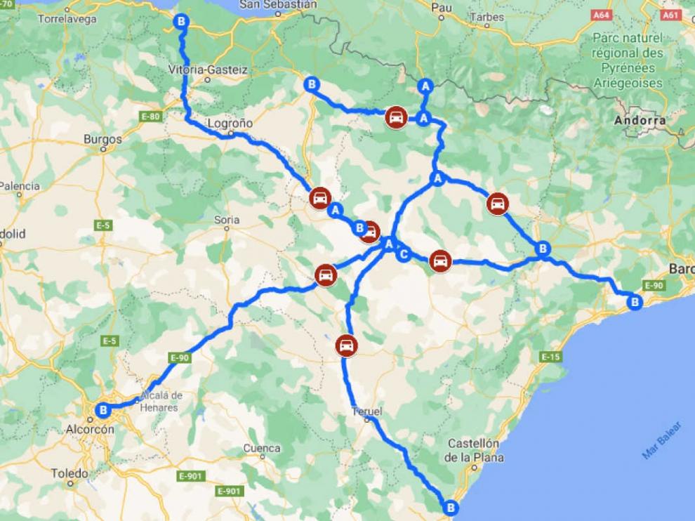 Mapa de las autovías y autopistas que pasan por Aragón