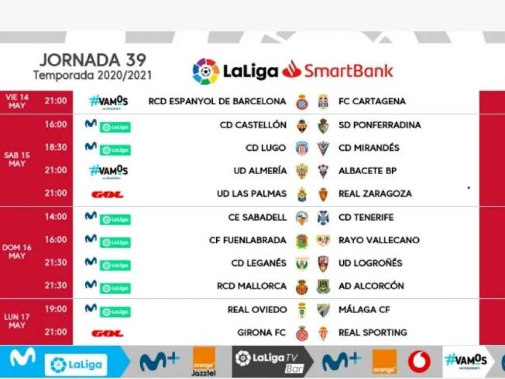 Horarios y fechas de la jornada 39ª de Segunda División.