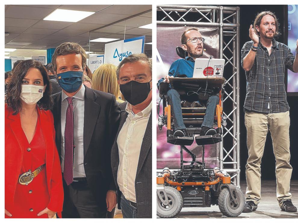 Isabel Díaz Ayuso, Pablo Casado y Luis María Beamonte | Pablo Echenique y Pablo Iglesias, en un acto en Zaragoza
