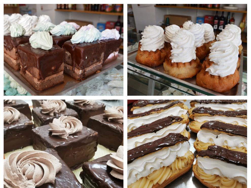 Arriba, a la izquierda, el Bucaret de chocolate es uno de los pasteles más populares; a la derecha, el sevarine es parecido al clásico borracho español; abajo, a la izquierda, el amandine es un bizcocho de chocolate en capas; a la dercha, en Casa Romaneasca de Alcañiz venden el eclere