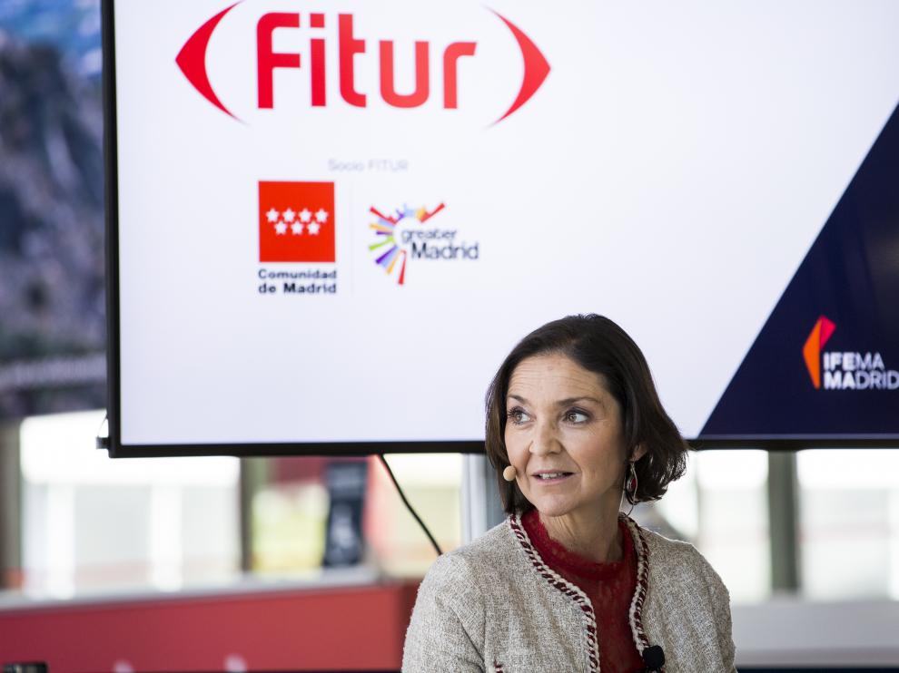 La ministra de Industria, Comercio y Turismo, Reyes Maroto interviene durante la presentación de FITUR 2021