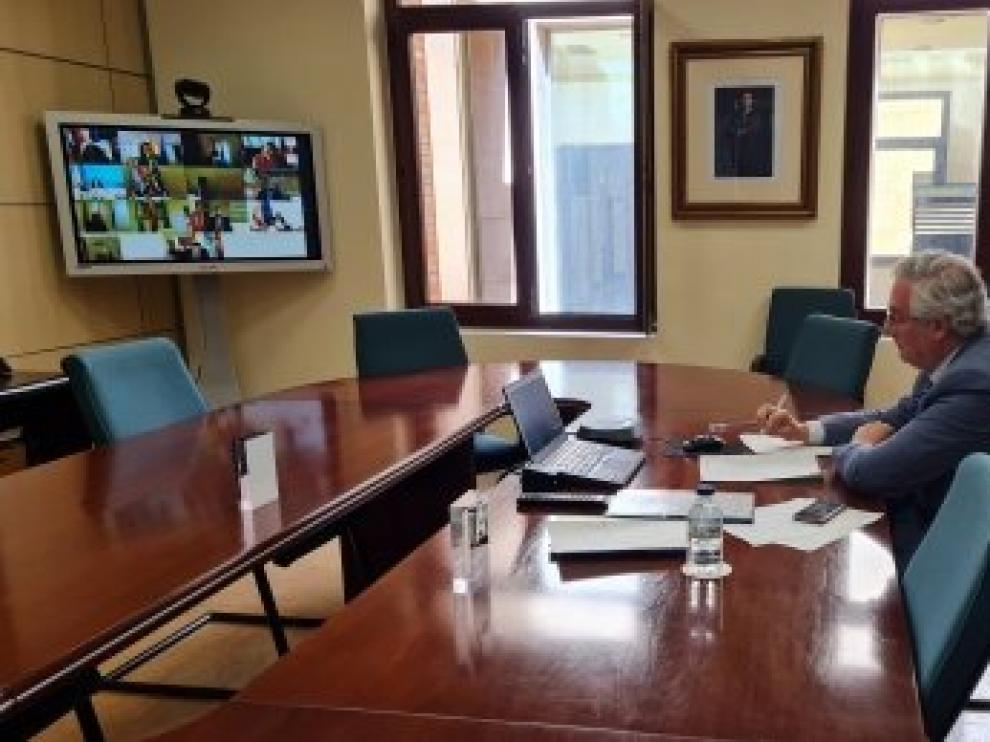 El consejero de Agricultura, en su despacho, en la reunión telemática del consejo consultivo de Política Agrñicola.