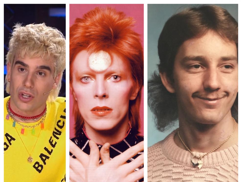 De izquierda a derecha, Javi Calvo, David Bowie y un anónimo ochentero, tres versiones del 'mullet'.