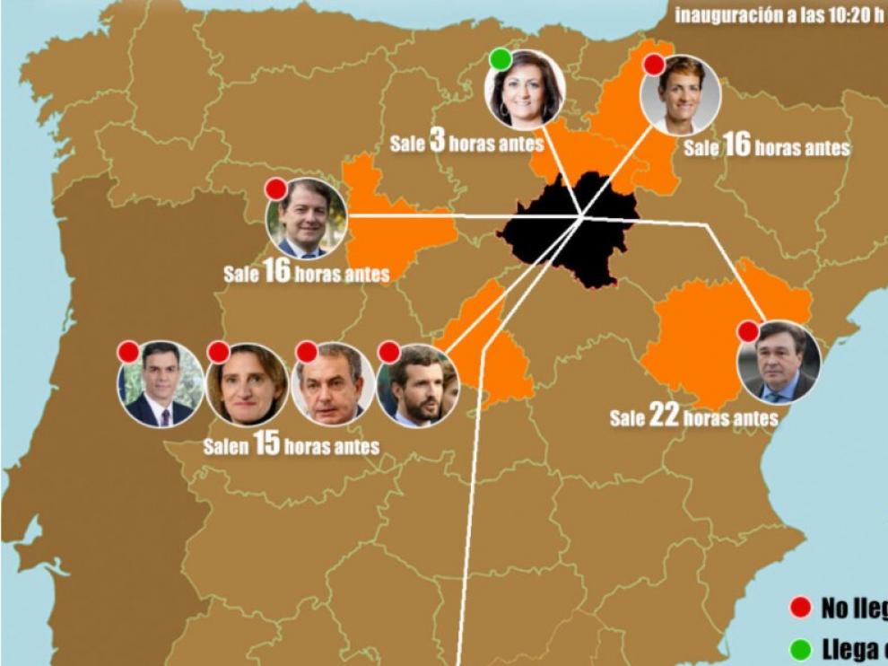 Las horas que tardarían varios políticos en llegar a Soria en transporte público.