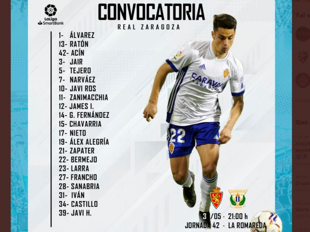 Lista de 21 convocados del Real Zaragoza para el partido final de liga ante el Leganés.