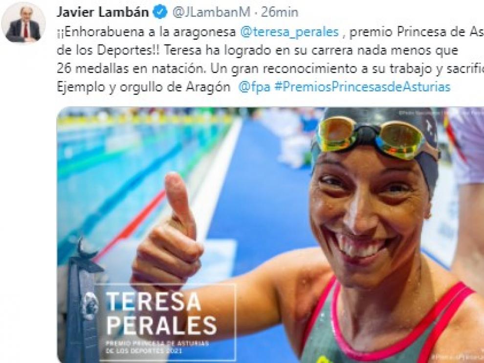 Mensaje de felicitación de Lambán a Perales.