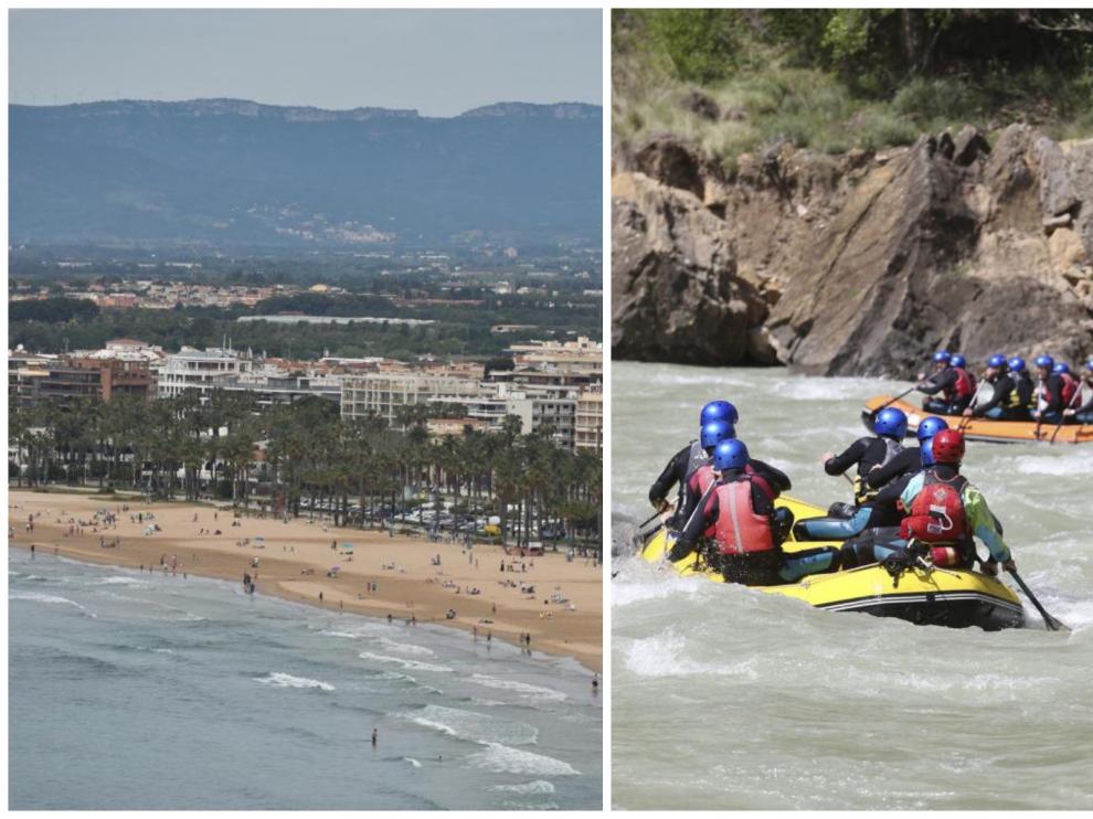 Estampa de Salou esta primavera y un grupo de jóvenes practicando 'rafting' en la provincia de Huesca.