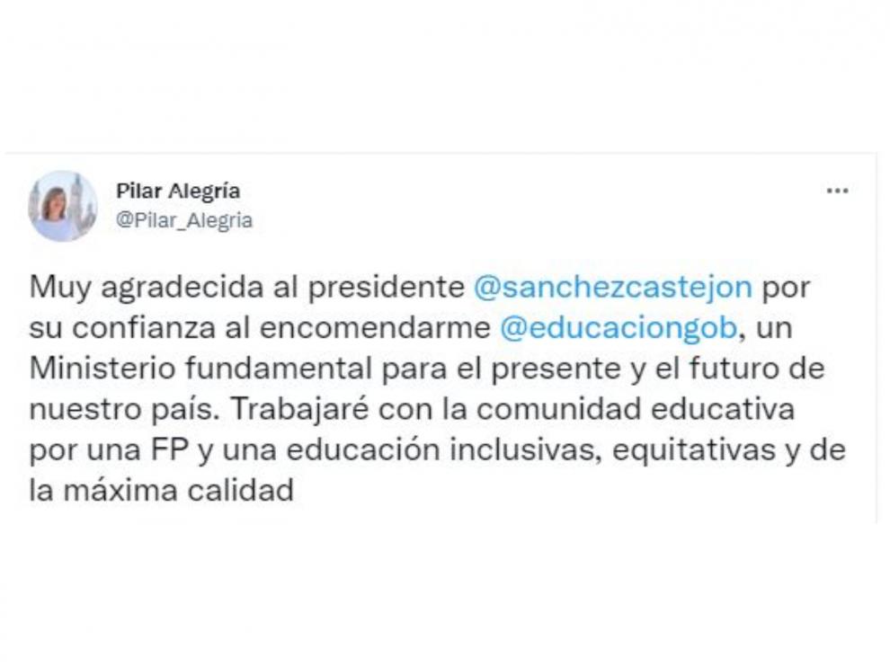 Primer tuit de Pilar Alegría tras ser elegida ministra de Educación.